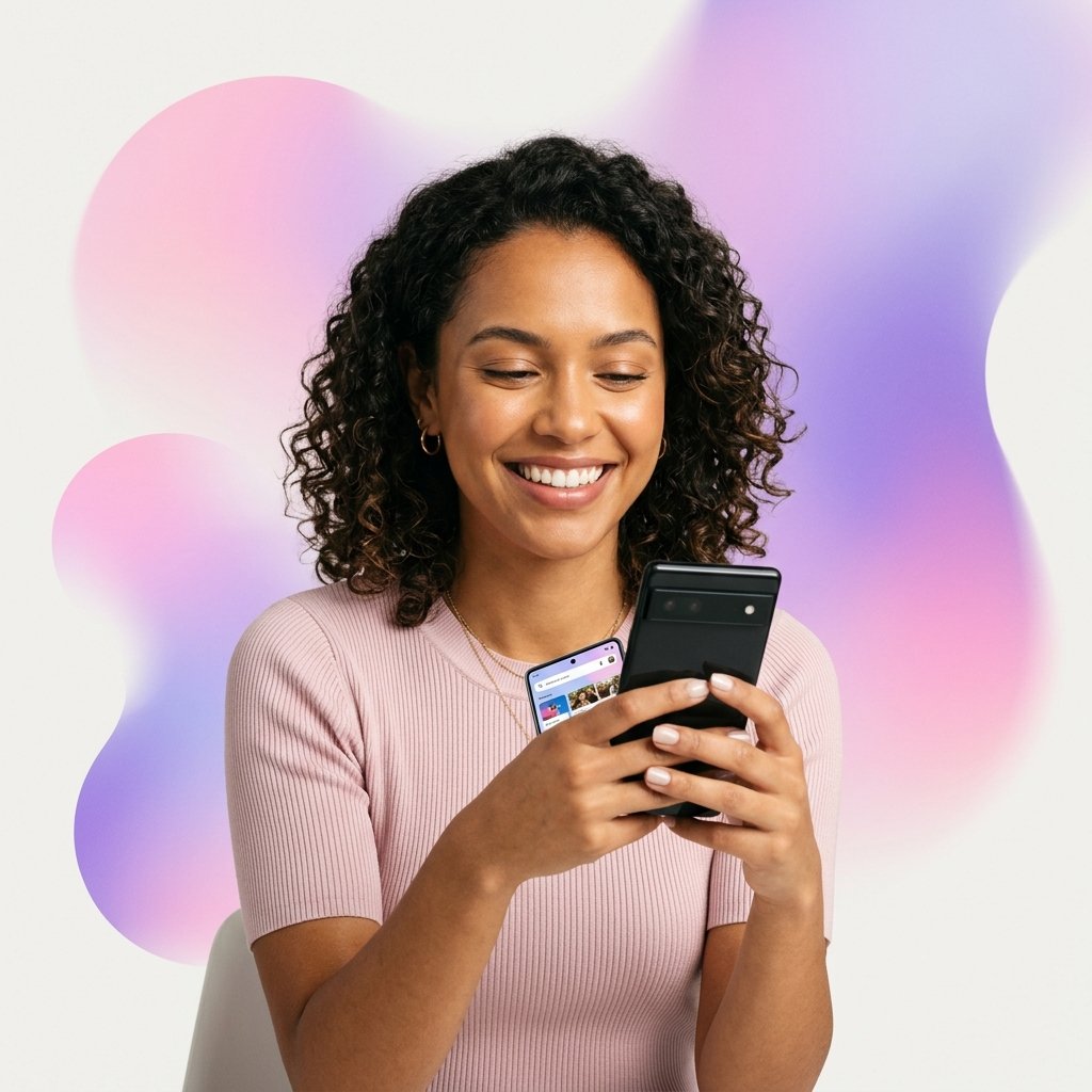 Mulher sorrindo olhando o smartphone com gráficos de crescimento de seguidores
